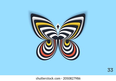 Fantasy butterfly. Paper art design element composed by overlapping elements. Strict and symmetrical 3D layered structure. Vector graphics
