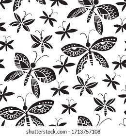 Fantasy butterflyes silhouette seamless pattern in black and white color for background, fabric, textile, wrap, surface, web and print design. Vector decorative summer floral BW tile rapport