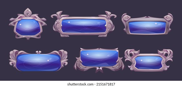 Fantasy buttons with silver frames for rpg game. Vector game user interface elements different shapes. Cartoon set of blank old blue banners with fancy metal borders isolated on background