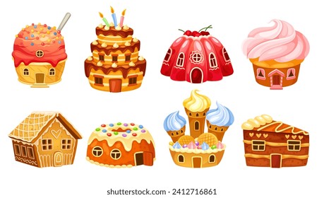 Fantasy-Süßigkeiten-Häuser. Sweet Princess House, Schokolade Karamelll Teig Gebäude mit Bonbons, Cartoon Lebkuchenschloss köstliche Teeküche, Vektorgrafik fantasievoller Bonbons