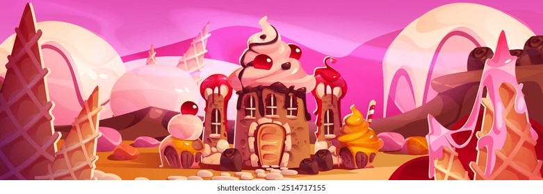 Fantasy candy land castle landscape for game. Sweet confectionery illustration of sugar dream house. Fairy tale palace building near chocolate hill for princess. Cute fantastic caramel backdrop