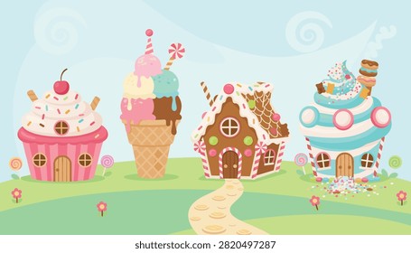 Fantasy candy land illustration featuring whimsical houses shaped like cupcakes gingerbread and giant ice cream cone.