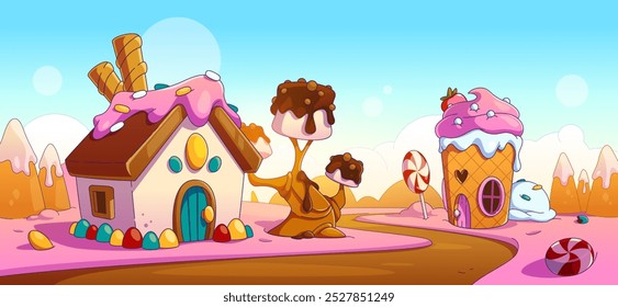 Tierra de caramelos de fantasía con carretera cerca de casas y árboles hechos de pastel y helado, chocolate y malvavisco, caramelo y galletas. Ilustración vectorial de dibujos animados del paisaje del mundo del sueño del postre dulce.