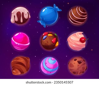 Planeta de caramelos de fantasía en conjunto de ilustraciones vectoriales de dibujos animados. Postre dulce en forma de bola para los activos de la zona de juego. Las deliciosas tierras de los cañones redondeadas parecen croissant, helado con cerezo, langosta rosa.