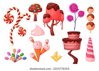 Fantasy candy plants set vector illustration. Cartoon isolated confectionery collection with trees and mushrooms of fantastic world, flower with lollipop crown and cane, chocolate and caramel flowing