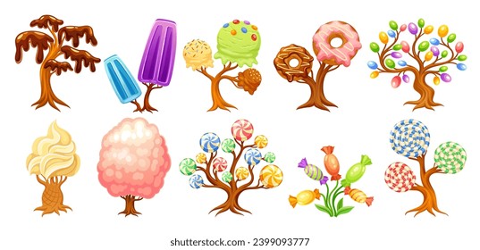 Fantasy candy sweets. Magic sweet world building element, chocolate tree caramel mushroom sugar lollipop flower cartoon confectionery fairytale dessert neoteric vector illustration of candy fantasy