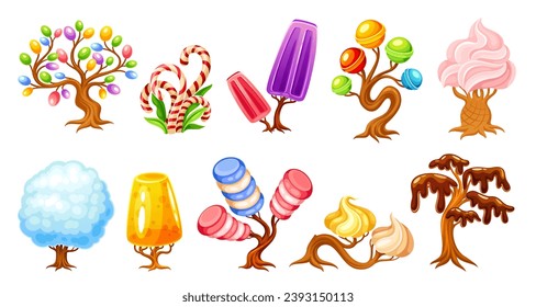 Fantasy candy trees. Sweet fantastic plants for fairy delicious world, cartoon caramel chocolate waffle tree of forest magic sweets land, game neoteric vector illustration of fantastic and fantasy