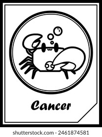 Fantasy card with Cancer zodiac sign for kid. Cute astology icon isolatedon a black and white pictures. 