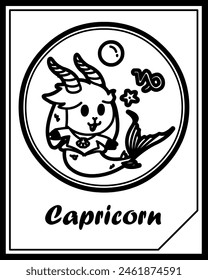 Fantasy card with Capricorn zodiac sign for kid. Cute astology icon isolatedon a black and white pictures. 