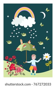 Fantasy card with cute little boy with fairy umbrella, rainbow, birds, butterflies and flower. Vertical vector pattern.