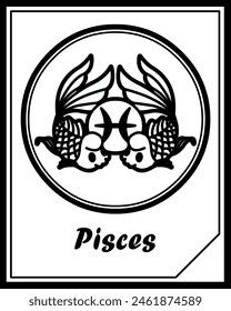 Fantasy card with Pisces zodiac sign for kid. Cute astology icon isolatedon a black and white pictures. 