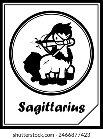 Fantasy card with Sagittarius zodiac sign for kid. Cute astology icon isolatedon a black and white pictures. 