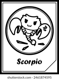 Fantasy card with Scorpio zodiac sign for kid. Cute astology icon isolatedon a black and white pictures. 