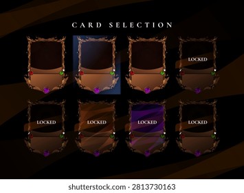 Fantasy card selection interface displaying collectible trading cards with locked slots, highlighted active selection, rarity variations. Ideal UI asset for RPG, TCG, CCG, deck builder, inventory