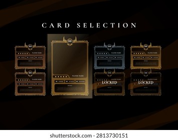 Fantasy card selection interface featuring collectible RPG cards with multiple rarity tiers, highlighted active card, locked slots, player stats, and premium trading card layout