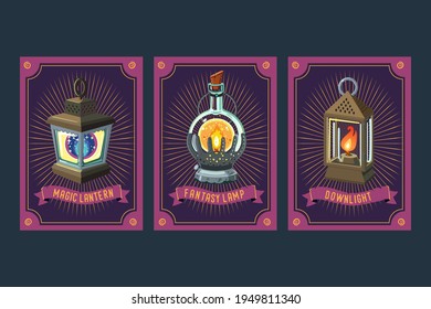 Fantasy card set with antique lanterns. Magic lamp set. Card game design. Collection items.