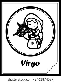 Fantasy card with Virgo zodiac sign for kid. Cute astology icon isolatedon a black and white pictures. 