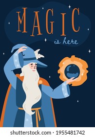 Fantasy card with wizard holding magic crystal flat vector illustration.