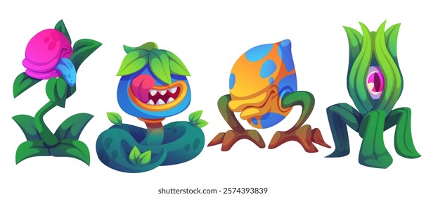 Fantasy carnivorous plants with cartoon monster elements. Magical flora set - pink buds with green foliage, blue smiling creature with fangs, spotted orange egg shaped being, cyclopean sprout.