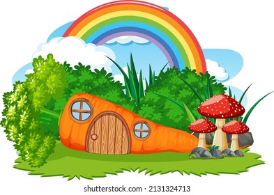 Fantasy carrot house with rainbow in the sky  illustration