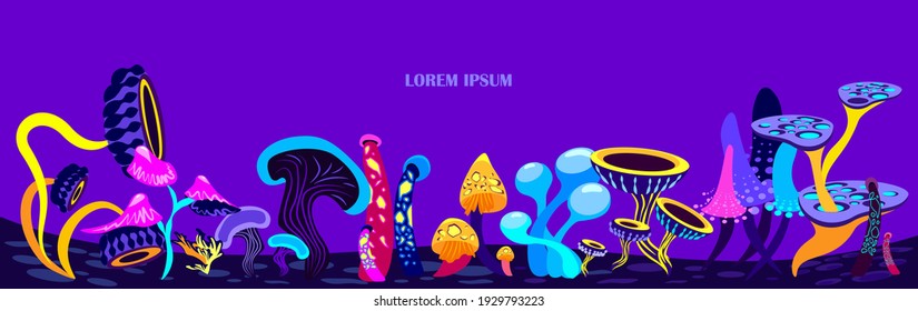 Fantasy Cartoon Alien Universe,World Landscape.Fantasy Supernatural Psylocubin Mushrooms of Different Curved Shape,Violet Background. Trance Psychedelic Fungal.Computer Game Planet illustration Vector