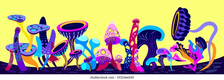 Fantasy Cartoon Alien Universe,World Landscape.Fantasy Supernatural Psylocubin Mushrooms of Different Curved Shape,Yellow Background. Trance Psychedelic Fungal.Computer Game Planet illustration Vector