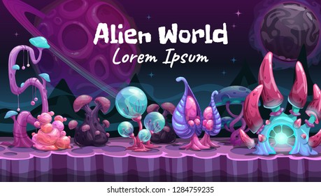 Fantasy Cartoon Alien World Landscape. Vector Magic Planet Illustration.