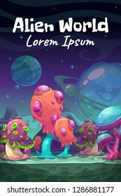 Fantasy cartoon alien world landscape. Vector magic planet illustration. Story book cover template.