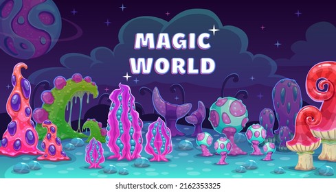 	
Fantasy cartoon alien world landscape. Fantastic night plants, mystery world with unusual trees and mushrooms. Vector magic planet illustration. Wonderland nature concept. Magical game background.