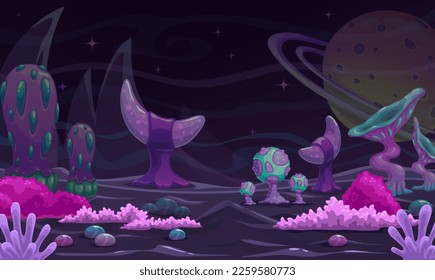 Fantasy cartoon alien world landscape. Fantastic night plants, mystery world with unusual trees and mushrooms. Vector magic planet illustration. Wonderland nature concept. Magical game background.