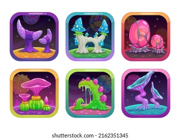 Fantasy cartoon app icons with unusual alien monster plants and mushrooms, GUI elements for game or web design. Vector application store logo set.