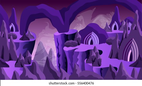 Fantasy cartoon background - underground city of dark elves. Deep cave with rocks and drow houses. Vector illustration, horizontally seamless, fits for game asset