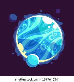 Fantasy cartoon blue planet. Cosmic element for galaxy game design, colorful mystery luminous space object with satellites, alien futuristic world, astronomy isolated on black background illustration
