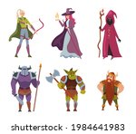 Fantasy cartoon characters illustrations set. Fairytale humans and creatures. Elf, orc magician, druid cartoon personages. Fantasy games figures. Ideas for computer games design