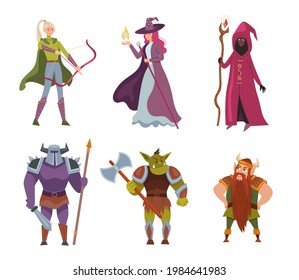 Fantasy cartoon characters illustrations set. Fairytale humans and creatures. Elf, orc magician, druid cartoon personages. Fantasy games figures. Ideas for computer games design
