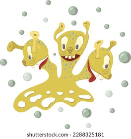 Fantasy cartoon creature monster with three heads. Isolated vector image on the background of bubbles.