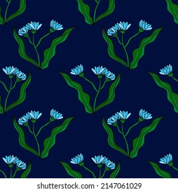 Fantasy cartoon doodle flower with leaves seamless pattern. Floral background. 