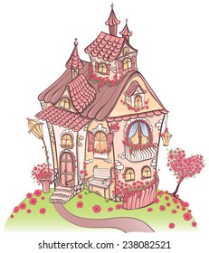 Fantasy cartoon Fairy tale house with amazing architecture and with flowers. Hand drawn vector illustration