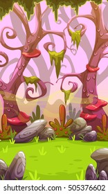 Fantasy cartoon forest landscape. Vertical nature background for mobile phone screen. Cool colorful outdoor illustration. Level location for game design.