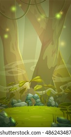 Fantasía en la escena del bosque. Fondo vertical para el diseño de juegos