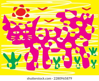 Fantasy cartoon funny cat in purple tones on a yellow background. In a shroud with green cacti. Red sun and birds. Naive art. Humor. Vector graphics