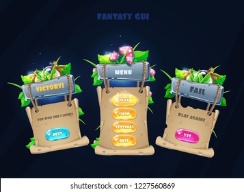 Fantasy cartoon game assets set,colors  glossy buttons, panel and shiny elements.Magical Popups with fairy mushrooms and bottle.Complete set of graphical user interface, GUI, to build 2D video games.