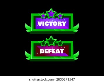 Fantasy cartoon game UI featuring vibrant victory and defeat banners with stars, leaves, glowing effects, and colorful frames for RPG, arcade, mobile, and adventure game interfaces.