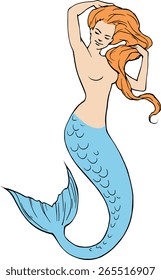 Fantasy cartoon illustration of an elegant beautiful red-haired mermaid brushing her red hair