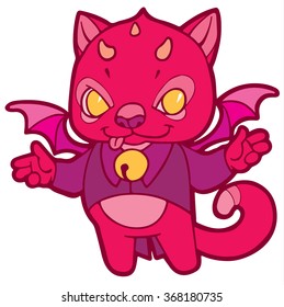 fantasy cartoon kitten with horns, wings and bells