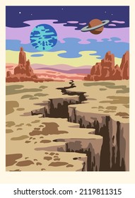 Fantasy cartoon landscape of alien planet in warm vibrant colors. 