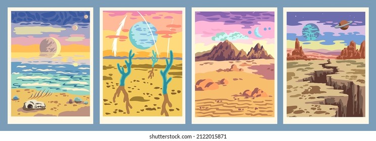 Fantasy cartoon landscape of alien planet in warm vibrant colors. Set of four modern colorful backgrounds.