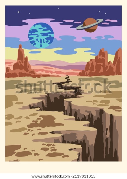 Fantasy cartoon landscape of alien planet in warm\
vibrant colors. 