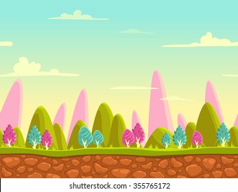 Fantasy cartoon landscape, seamless nature background for game design, layered vector illustration for parallax effect