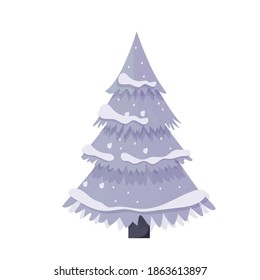 Fantasy cartoon magic pine tree, Christmas tree with snow isolated on white background. Design element, decoration for greeting. 